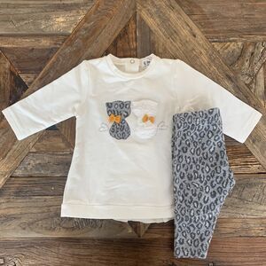 BNWT EMC Two Kitties Top/Pant Set (2580) #38192 | Gray Leopard | Size 3 months